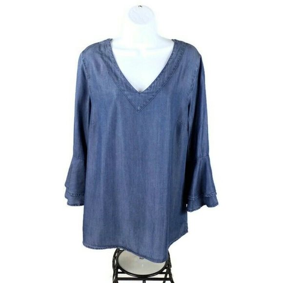 Zac And Rachel Blue Tencel Chambray 3/4 Ruffled Bell Sleeve Blouse Womens Large - Picture 11 of 11